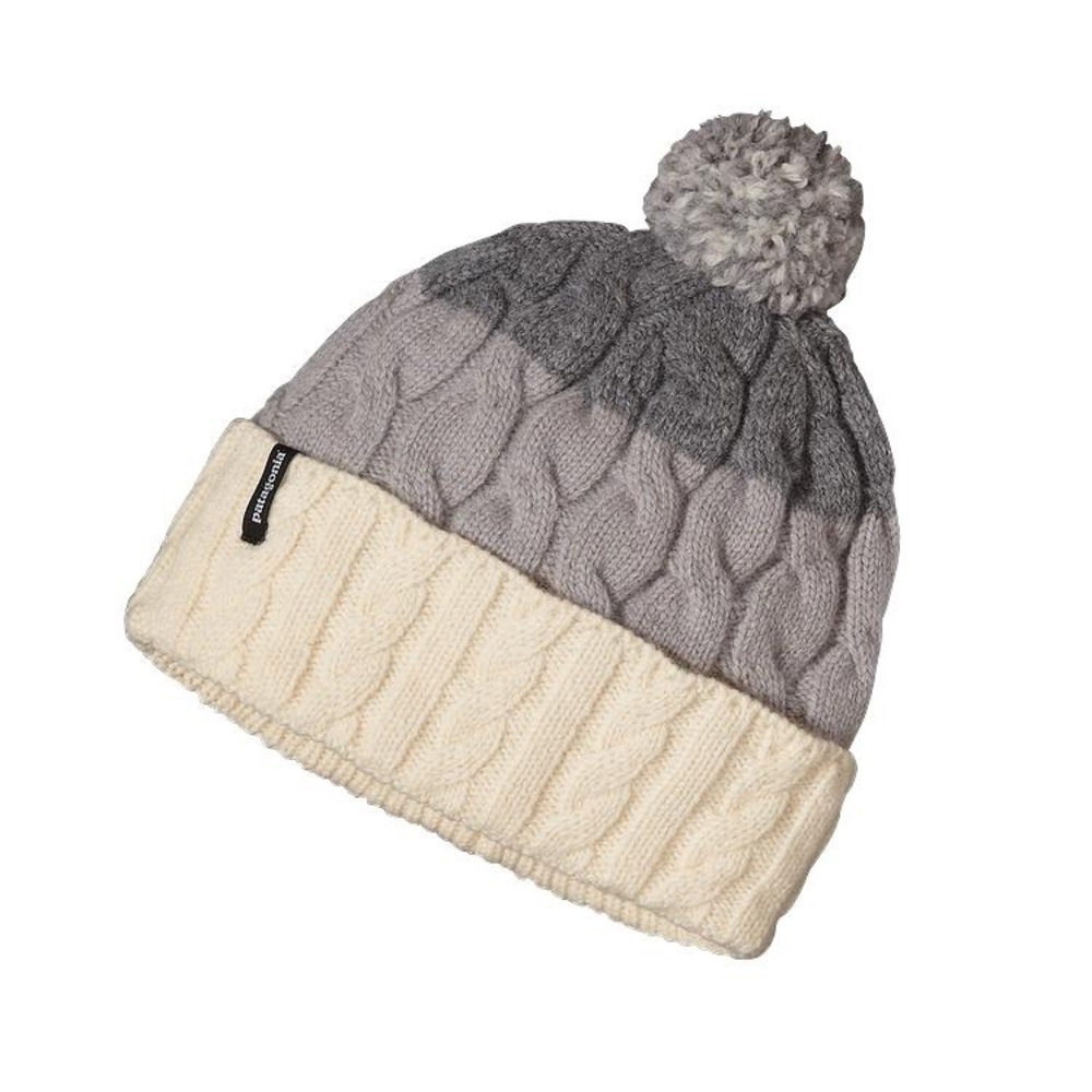 Patagonia women’s Cozy Gray and Cream wool Pom-Pom Beanie
